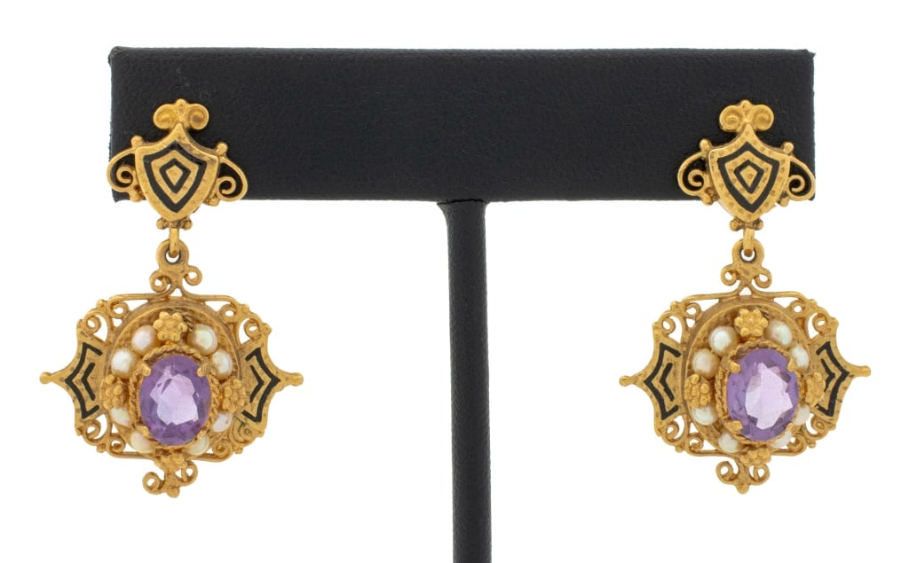 14K Gold Amethyst Pearl Enamel Drop Earrings: Pair of 14K Gold Amethyst Pearl Enamel Drop Earrings, featuring two oval brilliant cut amethysts weighing a total of approx. 2.10 carats, further adorned with 16 round cultured pearls approx. 2.5 - 3.