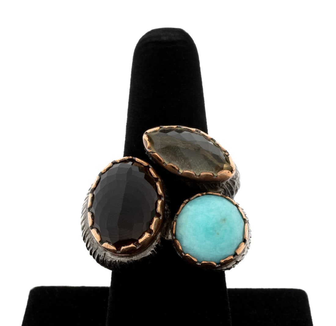 925 Silver 14K Gold Citrine Topaz Turquoise Ring: Sterling Silver 14K Yellow Gold Citrine, Topaz, and Turquoise Ring, textured and brightly polished, featuring three 14K yellow gold bezel set gemstones including one marquise rose cut citrine weighing