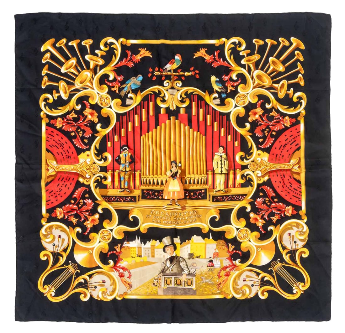 Hermes "Orgauphone" Silk Scarf: Hermes "Orgauphone" Silk Scarf, with music theatre design on black ground. 35" L x 34" W. Provenance: From a New York City Collection. Keywords: Fashion, Designer, French, Accessories, Figural, Figura