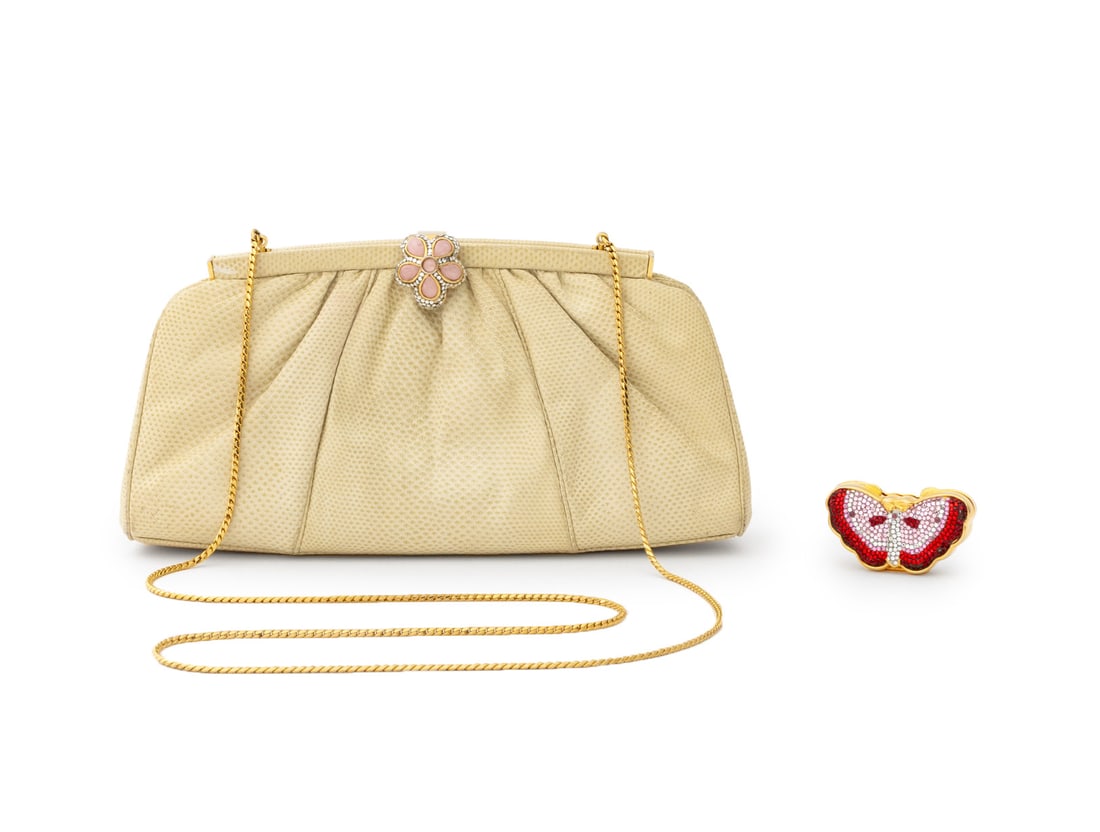 Judith Leiber Cream Karung Lizard Skin Clutch: Judith Leiber Cream Colored Karung Lizard Skin Clutch, with gold-tone hardware and shoulder strap, pink stone flower form clasp, "Judith Leiber" plaque to inside, with Swarovski crystal butterfly pill