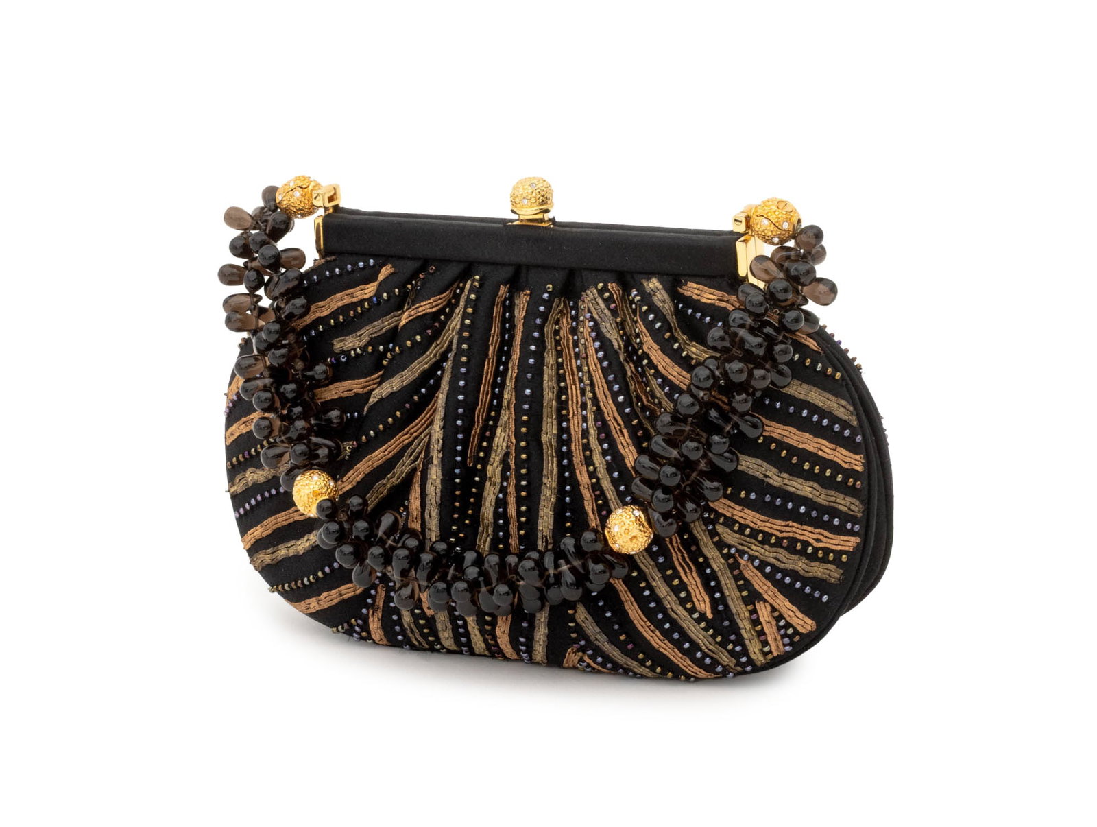 Judith Leiber Beaded Clutch: Judith Leiber Beaded Clutch, with gold-tone hardware, smoky glass and gold-tone bead strap, metallic thread stripes, "Judith Leiber" plaque to inside, including comb and compact, in dust bag, in box.