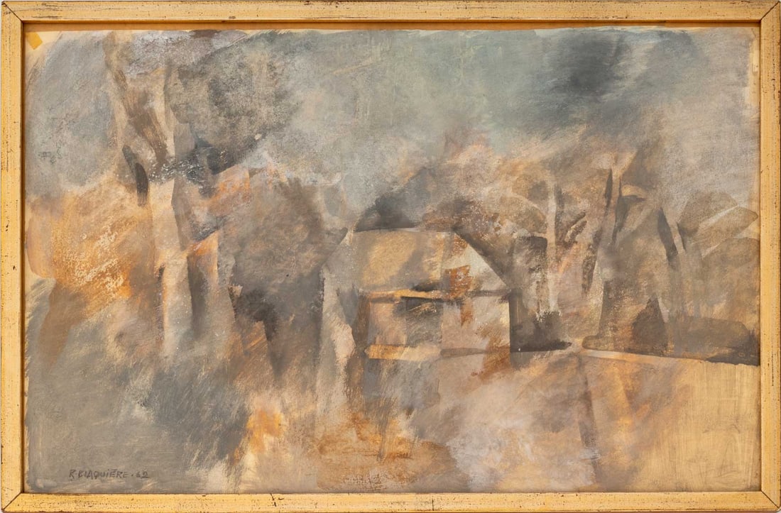Roger Blaquiere Landscape Scene Watercolor, 1962: Roger Blaquiere (French, b. 1933), Abstract Landscape Scene, Watercolor on Paper, 1962, signed in pencil and dated "R. Blaquiere '62" lower left, giltwood frame. Image: 12.5" H x 19.5" W; frame: 13.75