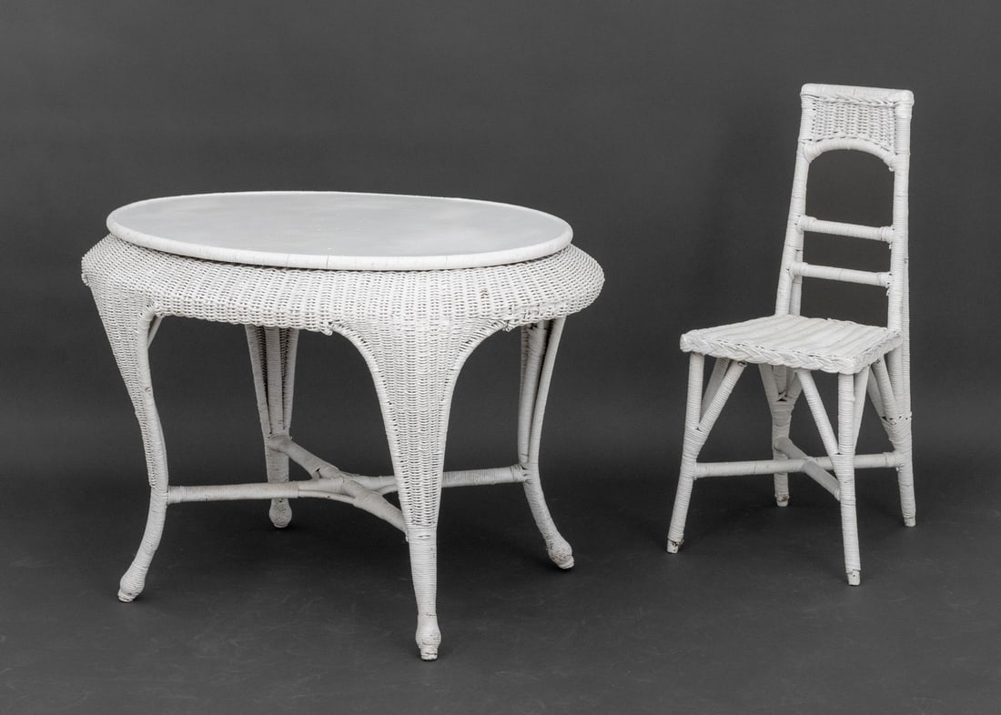 Vintage White Wicker Dressing Table and Chair: Vintage White Wicker Dressing Table and Chair, in the Chinoiserie style, oval table and side chair. Table: 30" H x 43" W x 29.75" D. Provenance: From a Connecticut Estate. Keywords: Vintage Furniture,