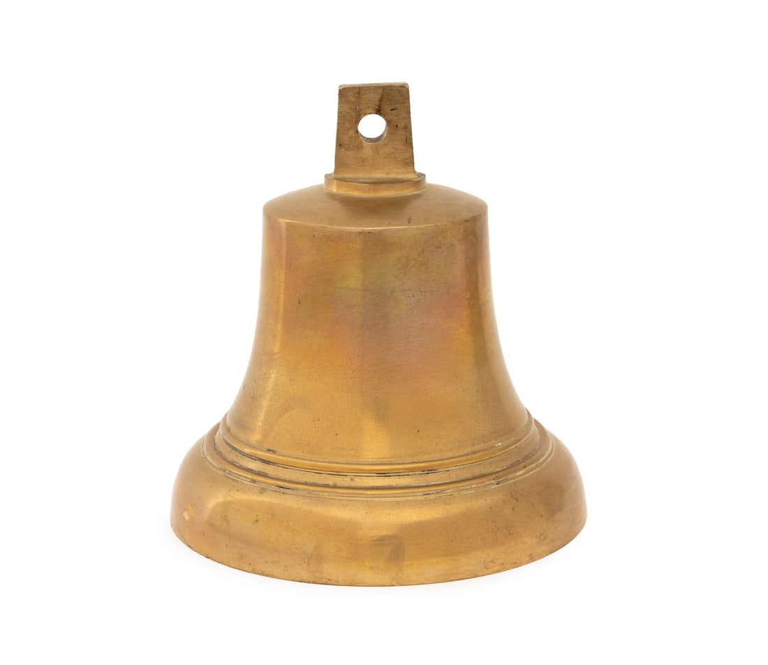 Maritime Bronze Ship's Bell: Maritime Bronze Ship's Bell, with wrought iron hook. 10" H x 9.25" Diameter. Provenance: From a Connecticut Estate. Keywords: Antiques, Naval, Boating, Hanging bell, Gong, Percussion, Metalwork, Colle