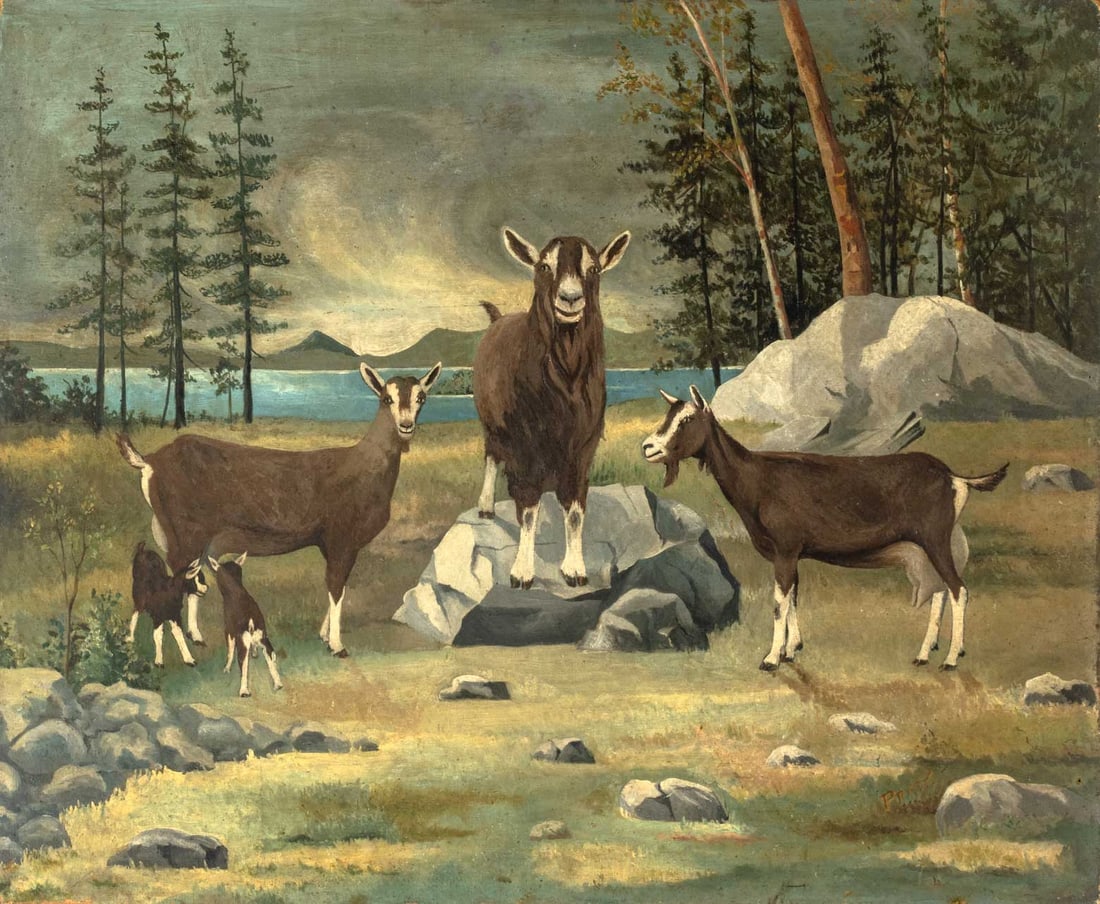 Signed Mountain Goats Oil on Canvas, 20th C.: 20th Century School, Mountain Goats Amongst a Landscape Scene, Oil on Canvas, signed "Pratt" lower right, unframed. 20.5" H x 24.75" W x 0.75" D. Provenance: From a Staten Island Collection. Keywords: