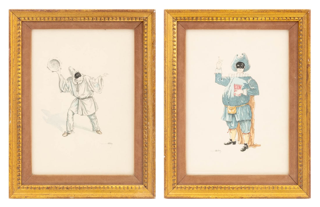Illegibly Signed "Pulcinella" Gouache, Pair: 20th Century School, Pair of "Pulcinella" Scenes, Gouache on Paper, one illegibly signed lower left and one lower right, giltwood frames. Image: 9.25" H x 6.25" W; frame: 12" H x 9.25" W x 1" D. Prove