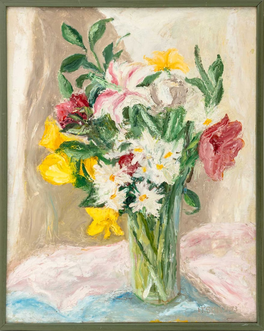 Signed Floral Bouquet Oil on Canvas, 1973: American School, Floral Bouquet, Oil on Canvas, 1973, signed "I.T. Smith" and dated lower right, signed verso, green painted wood frame. Image: 19.75" H x 15.5" W; frame: 21" H x 16.75" W x 1.25" D. P