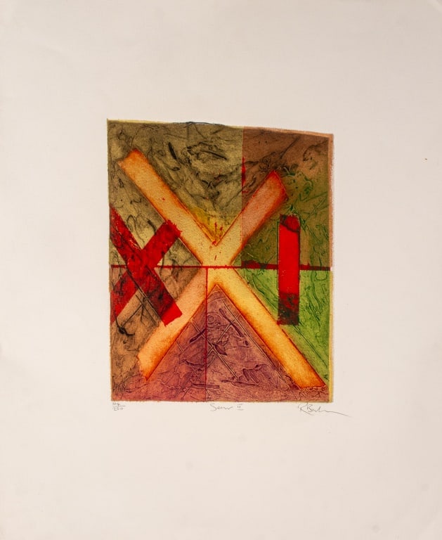 Russell Baker Abstraction Caborundum Print: Russell Baker (British, b. 1958), Abstract Composition, Caborundum Print in Colors, signed, illegibly titled, and numbered edition "104/250", inscribed "Baker / L42506" verso, unframed. Image: 12" H x