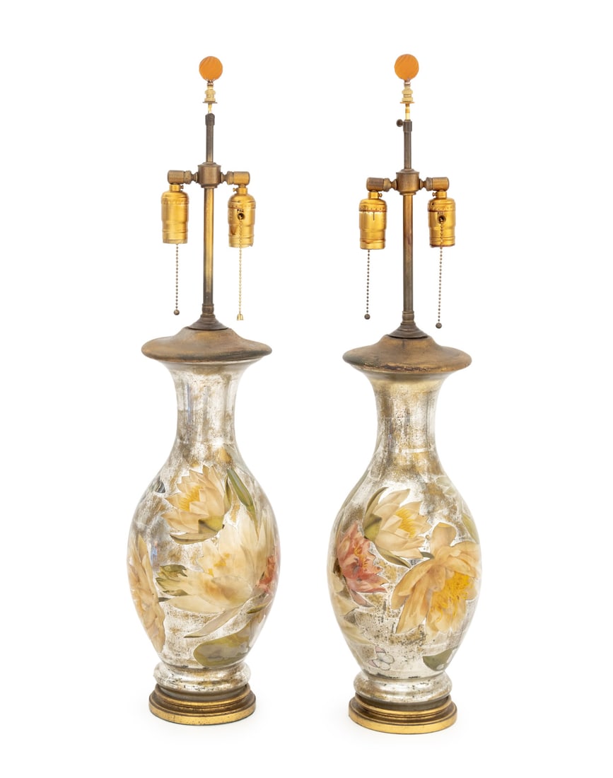 Silvered Reverse Decoupage Glass Lamps, Pair (1 of 9)