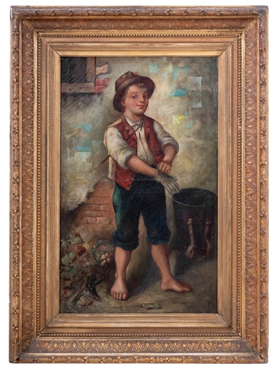 Douglas Wilson Street Urchin Oil on Canvas: Douglas Wilson (American, XX), Street Urchin, Oil on Canvas, early 20th century, signed lower left, giltwood frame. Image: 31.5" H x 19.5" W; frame: 43" H x 31" W. Keywords: Paintings, Oil painting, W