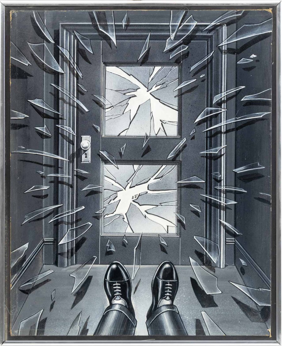 Stanislaw Zagorski Broken Door Mixed Media: Stanislaw Zagorski (Polish, 1933-2025), Broken Glass Door, Mixed Media on Illustration Board, apparently unsigned, silver-tone frame. Image: 20" H x 16" W; frame: 21.5" H x 17.5" W x 1" D. Provenance: