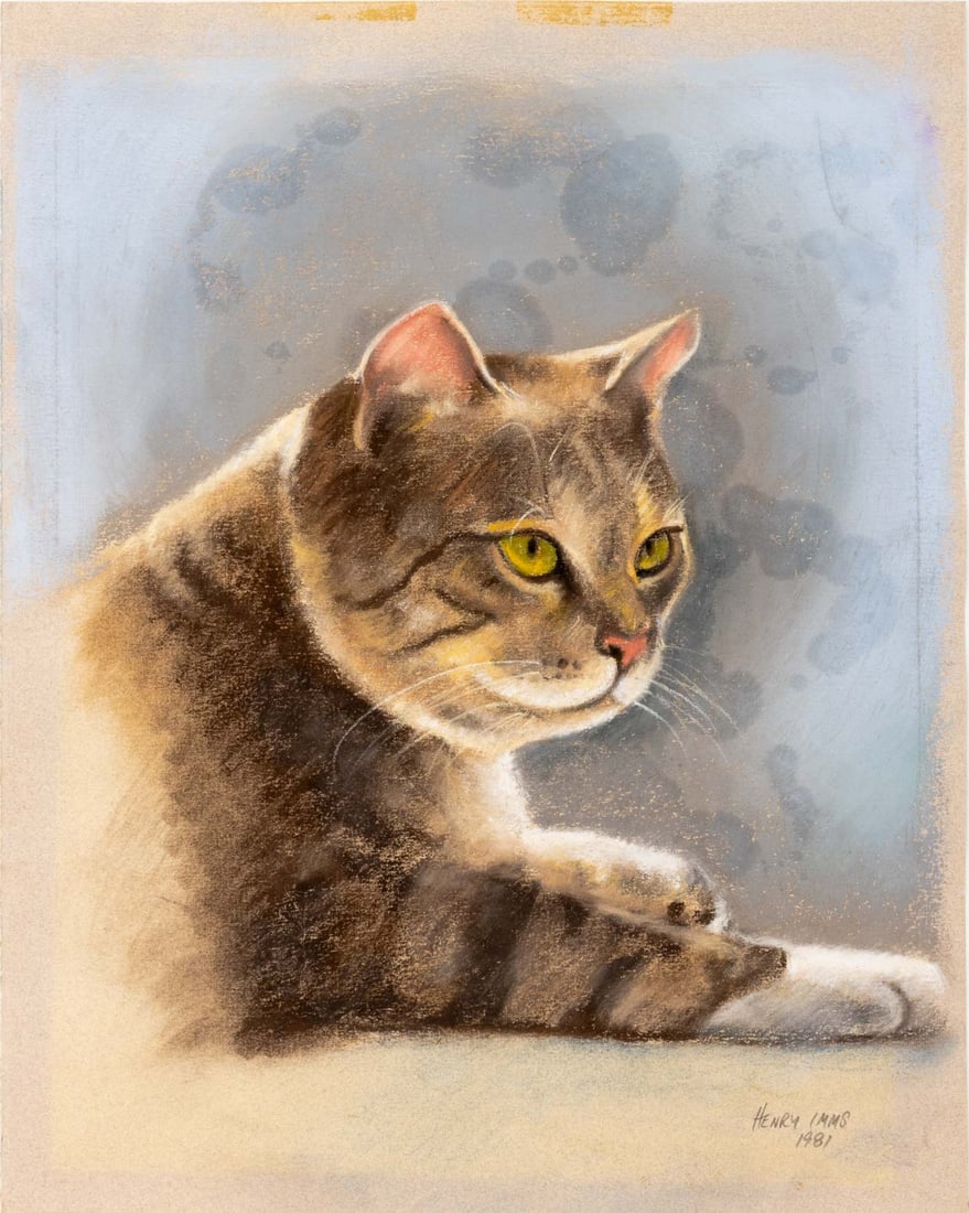 Henry Imms Tabby Cat Pastel on Toned Paper, 1981: Henry Imms (American, XX-XXI), Portrait of a Tabby Cat, Pastel on Toned Paper, 1981, signed in pencil and dated lower right, unframed. 16" H x 12.75" W. Provenance: From a New City Estate. Keywords: D
