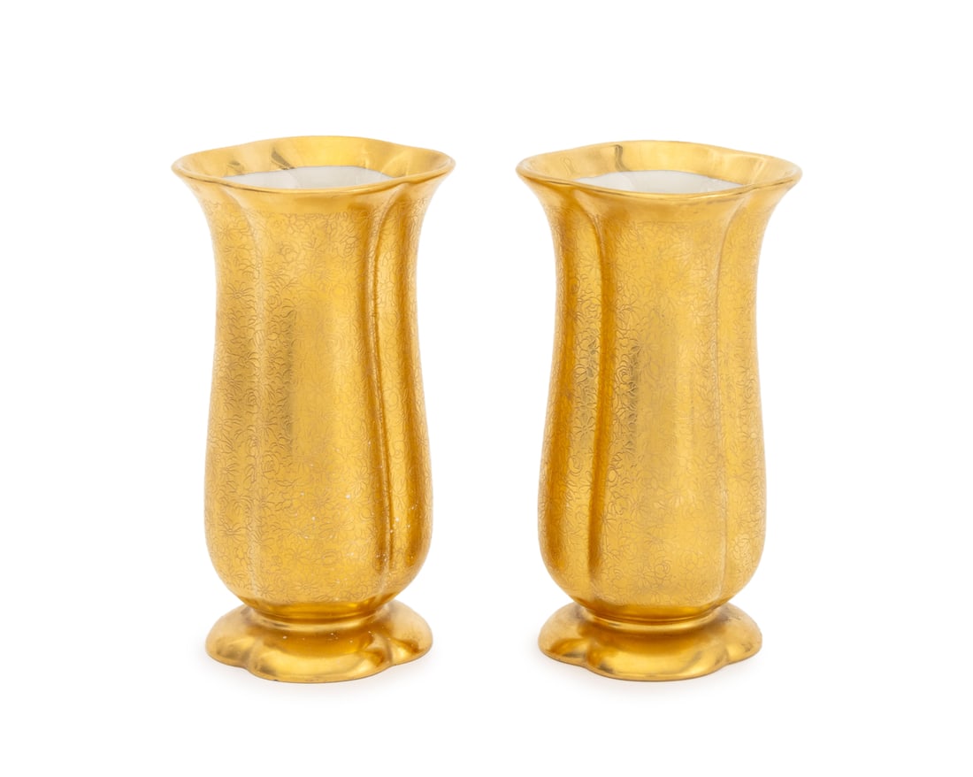 Osborne Gilt Porcelain Etched Floral Vases, Pair: Pair of Osborne Gilt Porcelain Etched Floral Motif Vases, signed "Osborne" to undersides. 5.75" H x 3.25" Diameter. Provenance: From an East 74th Street Estate. Keywords: German ceramics, Bavarian por