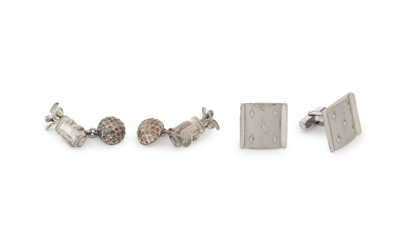 Gentleman's Sterling Silver Cufflinks, 2 Pairs: Two Pairs of Gentlemen's Sterling Silver Cufflinks, one pair five of diamonds playing card form and one pair golf club and golf ball form, both marked. Weight: 1.12 ozt.; Cards: 0.75" H x 0.75" W x 1"
