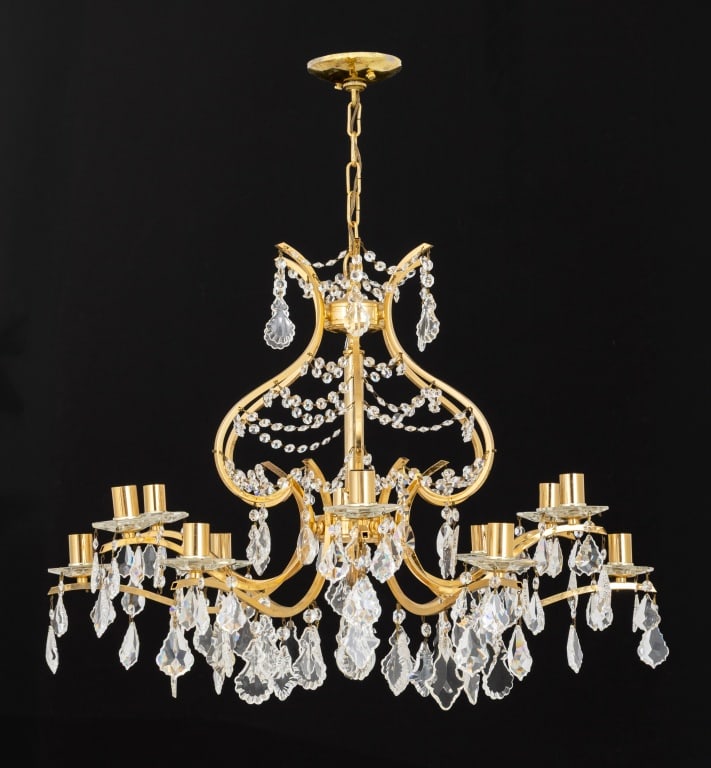 Italian 12-Branch Gilt Brass & Crystal Chandelier (1 of 8)