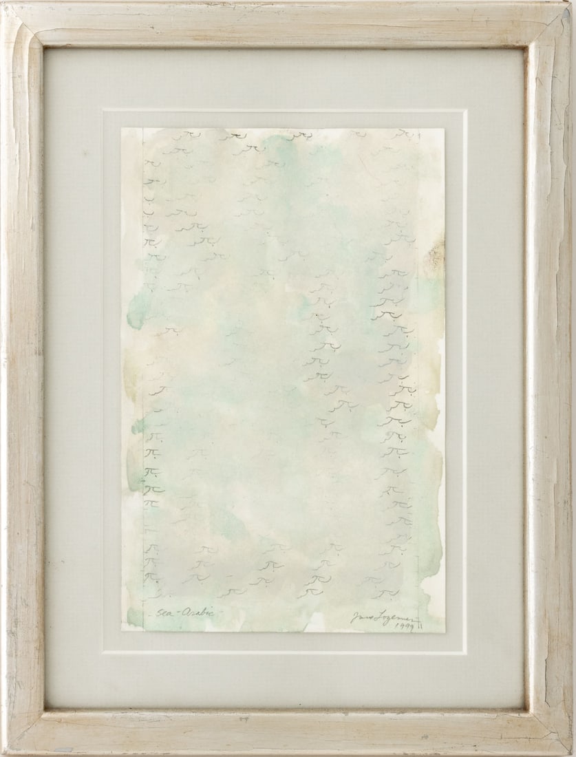 Jane Logemann "Sea Arabic" Watercolor, 1999: Jane Logemann (American, b. 1942), "Sea Arabic", Watercolor and Pencil on Paper, 1999, signed in pencil and dated, silvered frame. Image: 8.25" H x 5" W; frame: 12.5" H x 9.5" W x 0.75" D.