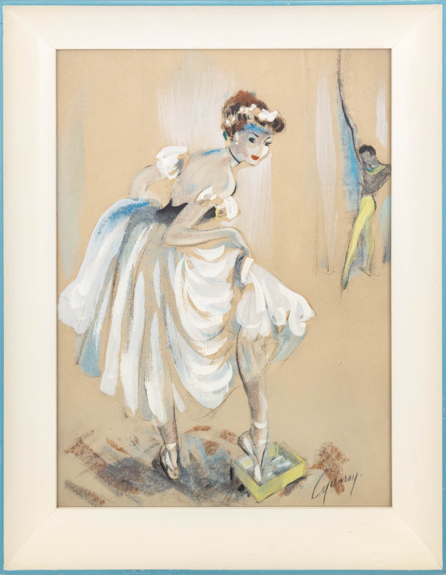 Cydney Grossman "Resin Box" Watercolor, 1926: Cydney Grossman (American, 1909-?), "Resin Box", Watercolor and Pastel on Toned Paper, signed "Cydney" lower right, Rudolph Lesch Fine Arts, Inc. label to reverse, blue and white painted wood frame. I