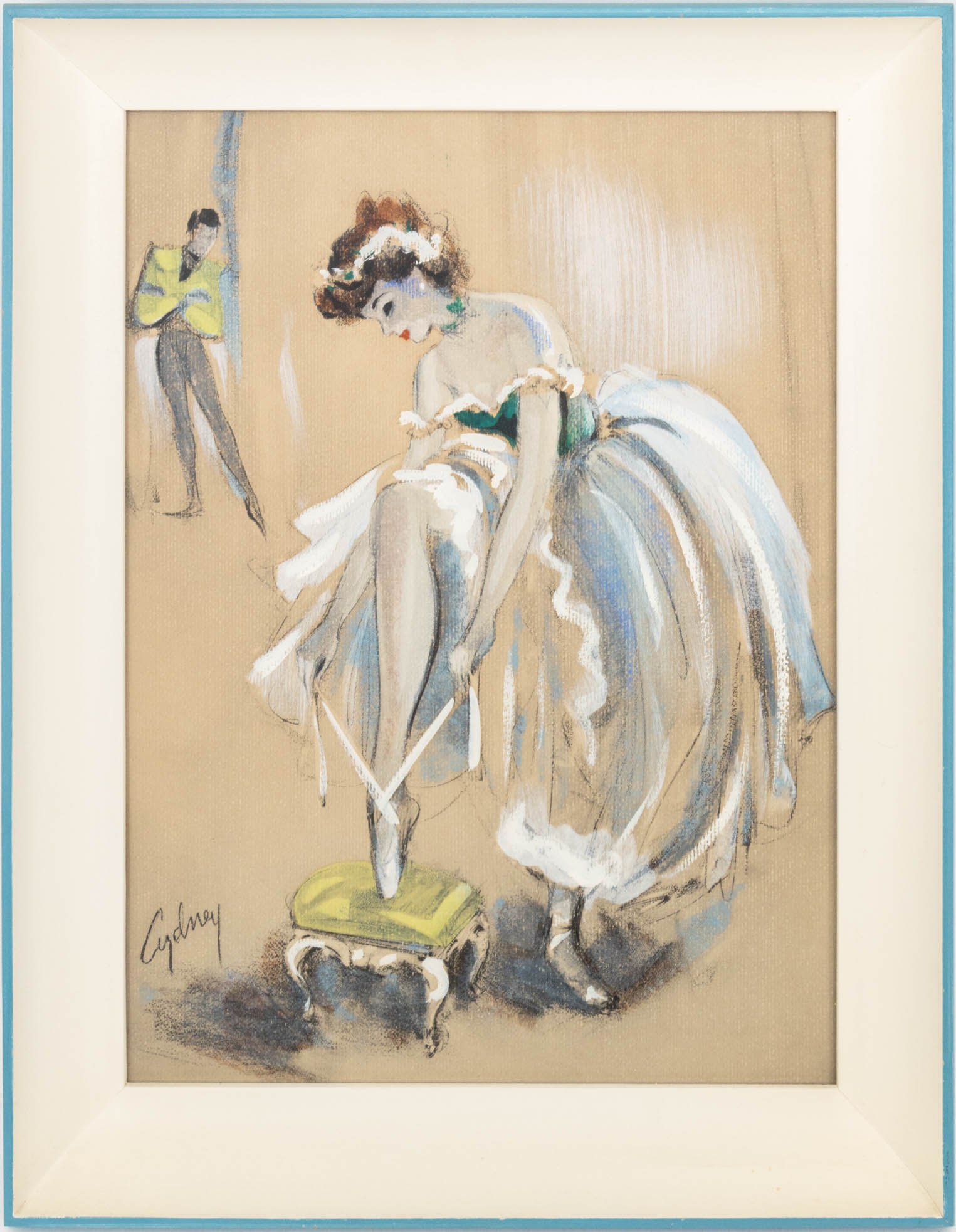 Cydney Grossman "Curtain Time" Watercolor, 1926: Cydney Grossman (American, 1909-?), "Curtain Time", Watercolor and Pastel on Toned Paper, signed "Cydney" lower left, Rudolph Lesch Fine Arts, Inc. label to reverse, blue and white painted wood frame.