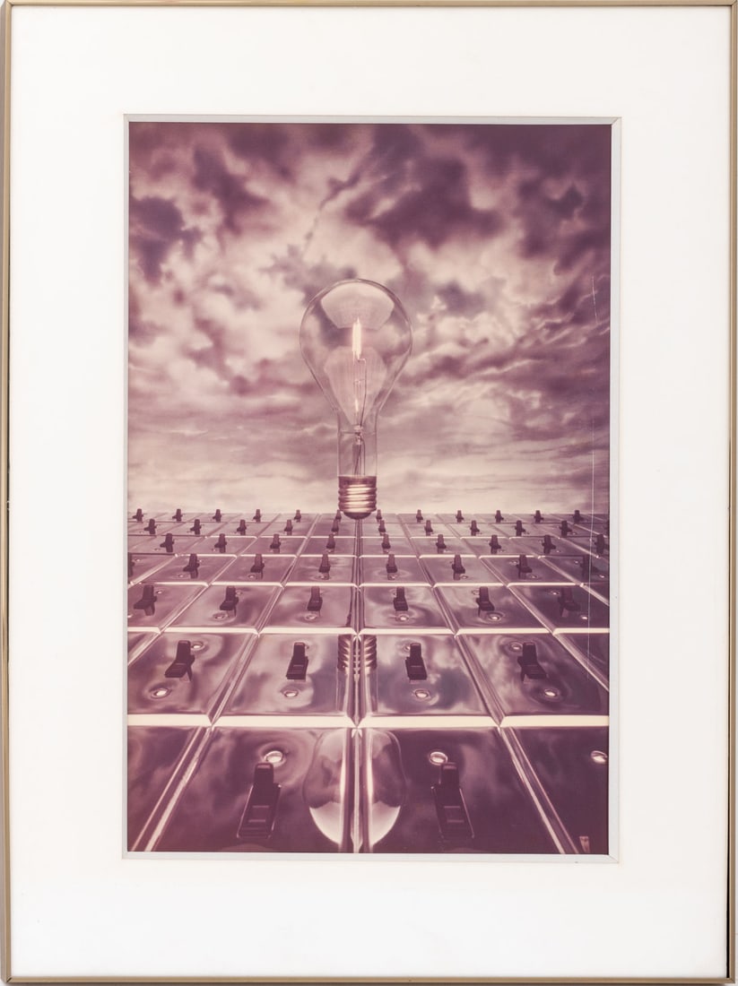 Michel Tcherevkoff "Light Bulb ..." Digital Print: Michel Tcherevkoff (French/American, XX-XXI), "Light Bulb and Switch Plates", Digital Print in Colors, apparently unsigned, exhibition label to the reverse, metal frame. Image: 23" H x 15" W; frame: 3