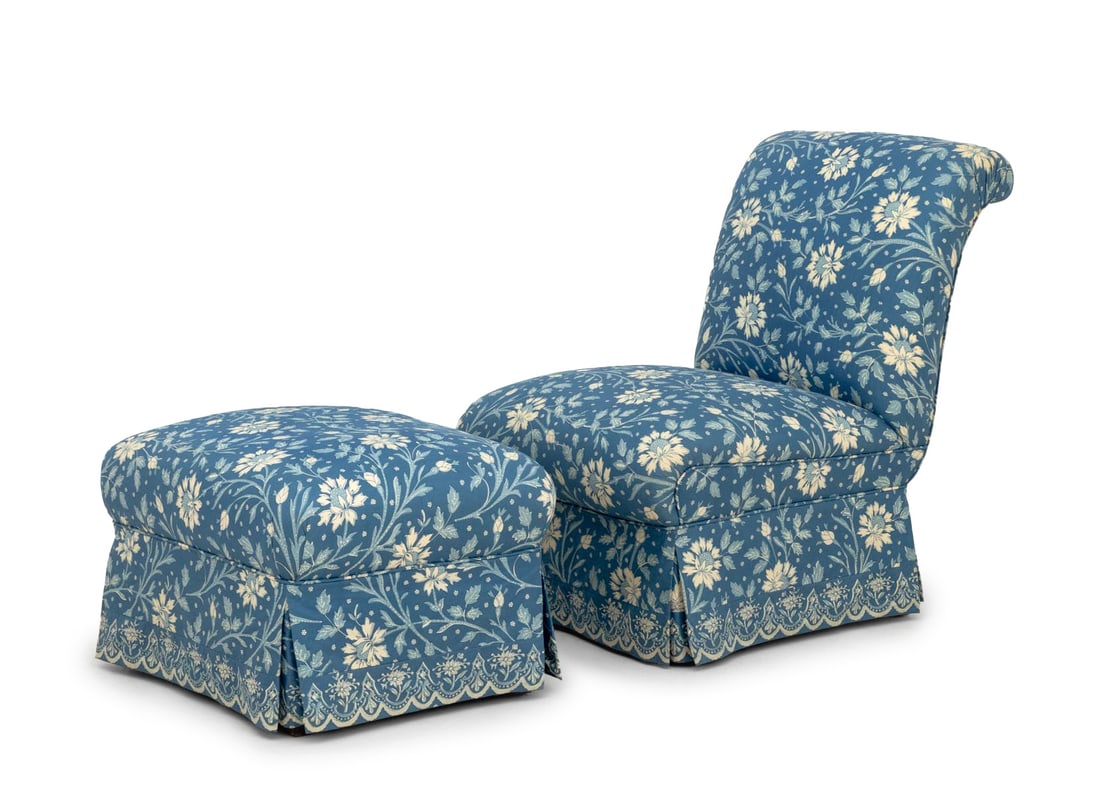 Blue Floral Print Upholstered Chair & Ottoman: Blue Floral Print Upholstered Slipper Chair and Ottoman. Chair: 33" H x 25" W x 31" D; seat: 16" H. Provenance: From a Connecticut Estate. Keywords: Vintage Furniture, Seating, Lounge chair, Side chai