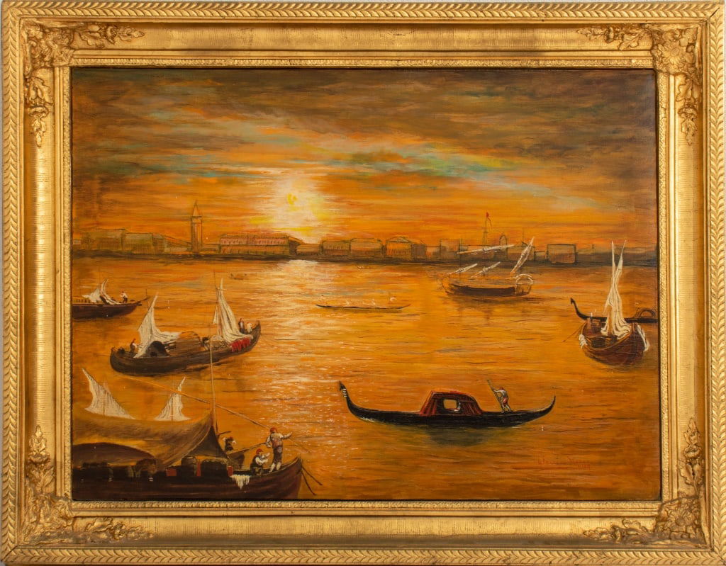 Illegibly Signed Venetian Canal Scene Oil, 1969: 20th Century School, Venetian Canal Scene, Oil on Canvas,1969, depicting the grand canal at sunset signed indistinctly and dated "Warren Nesse(?) / 11/69" lower right, giltwood frame. Image: 29" H x