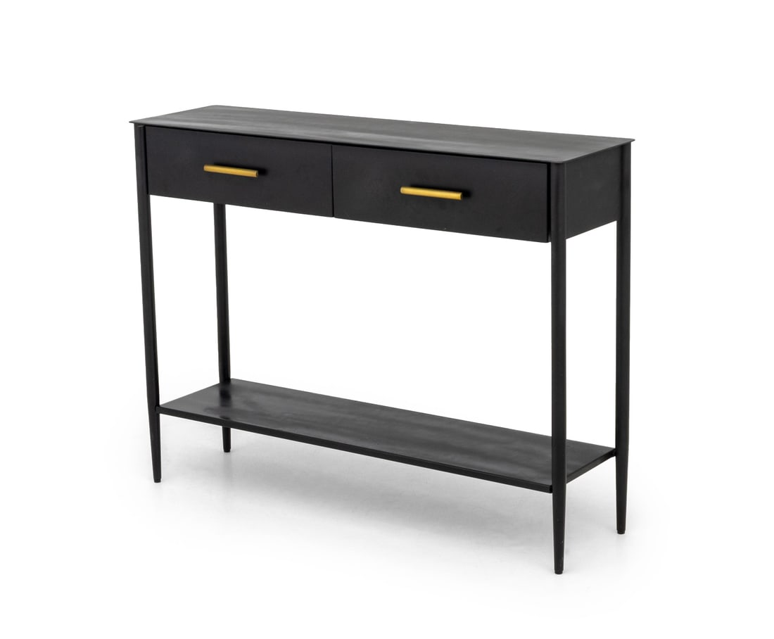 West Elm Patinated Black Steel Console Table: West Elm Patinated Black Steel Console Table, the two drawers with brass-finished drawer pulls on four supports conjoined by an undertier. 32" H x 42" W x 11.75" D. Provenance: From a New York City