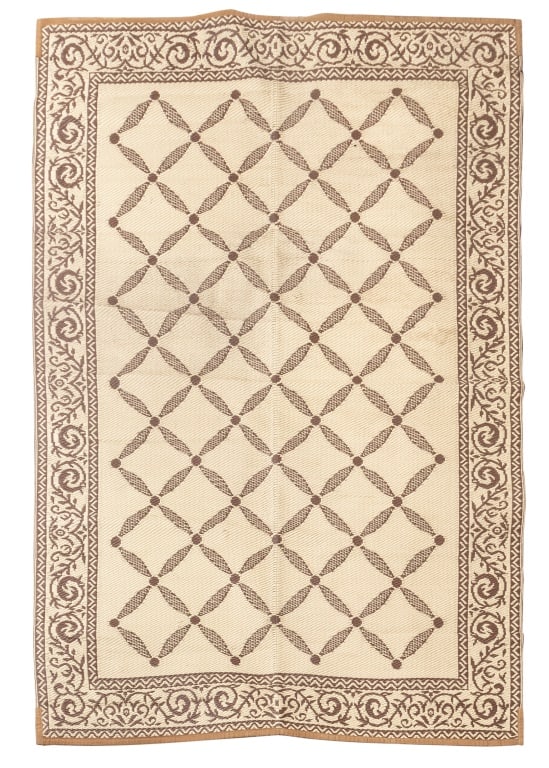 Reversible Lattice Pattern Rug, 8' 10" X 5' 10": Reversible Lattice Pattern Rug, in brown and white with foliage motif trim, label to underside. 8' 10" L x 5' 10" W. Provenance: From a 333 East 75th Street Estate. Keywords: Floor covering, Area