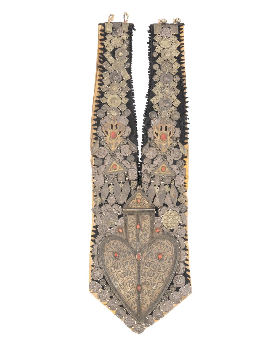 Turkmen Asyk Pendant Mounted Fabric Panel: Turkmen Asyk Pendant Mounted Fabric Panel, the textile mounted with repousse metal medallions and carnelian glass cabochons. 26.5" H x 7.75" W. Provenance: From a 35 East 75th Street Estate.