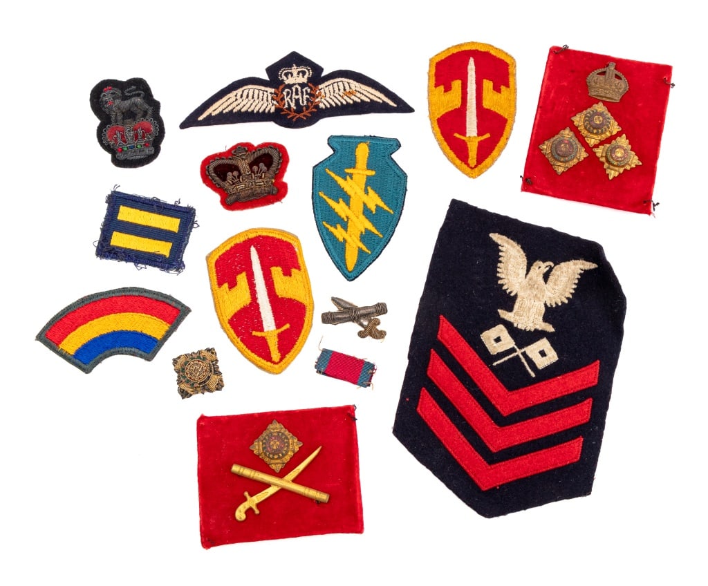 American & British Militaria Badges & Patches, 14: Group of Fourteen American and British Militaria Badges and Patches, including: WWII Navy 1st Class Signalman Rate, two Military Assistance Command Vietnam Class A Patches, WWI Royal Air Force Pilot W