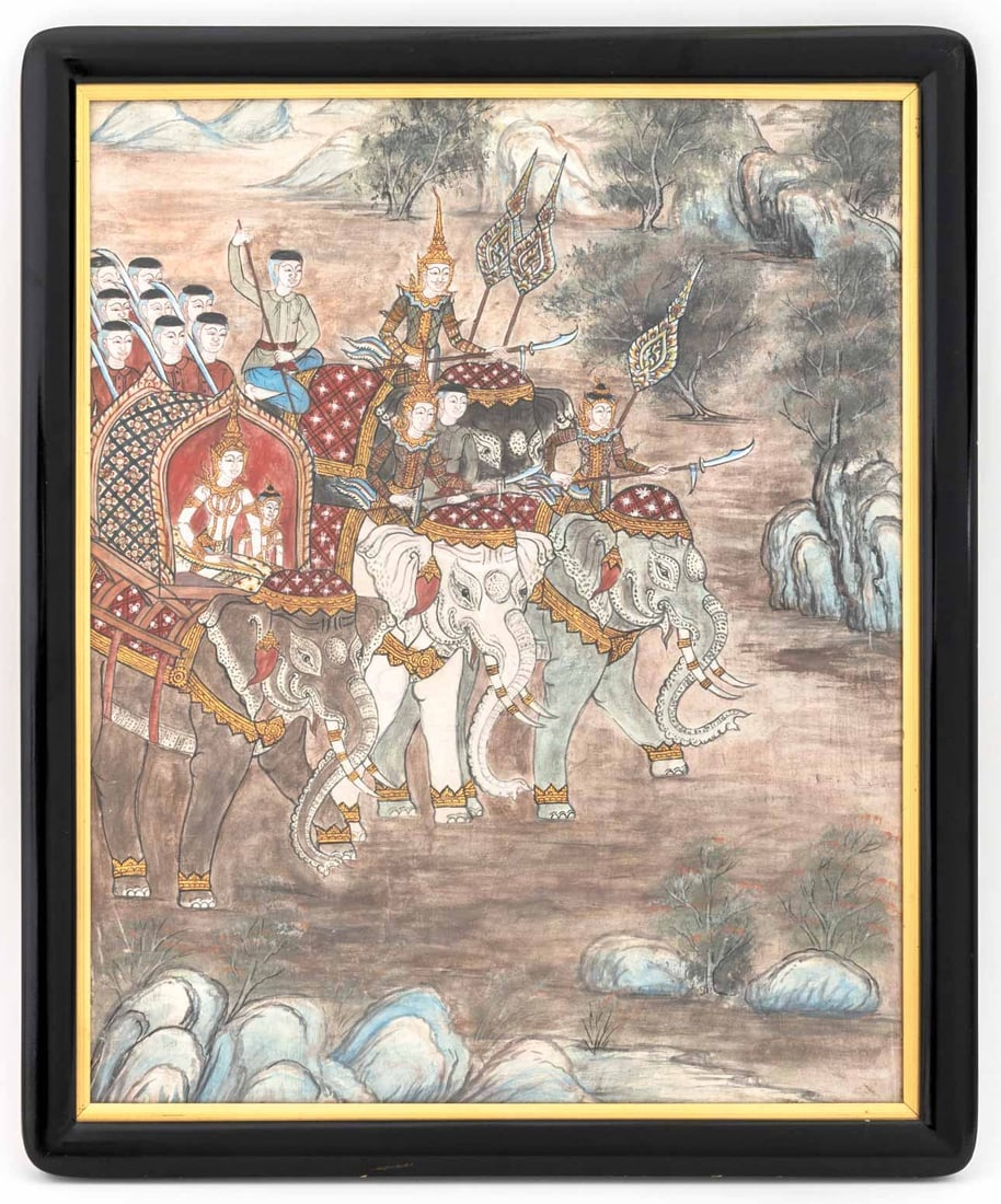 Buddhist School Vessantara Jataka Gouache, 19th C.: Buddhist School, Vessantara Jataka, Gouache on Paper, 19th century, depicting the past life of Gautama Buddha riding an elephant, ebonized wood frame. Image: 22.5" H x 18" W; frame: 25.75" H x 21.25"