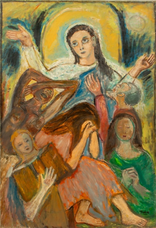 Thea Thalie "Prayer for the Wretched" Oil: Thea Thalie (American, XX), "Prayer for the Wretched", Oil on Canvas, depicting five figures in the act of prayer before Jesus with halo, signed lower right, signed and titled verso, unframed. 67" H