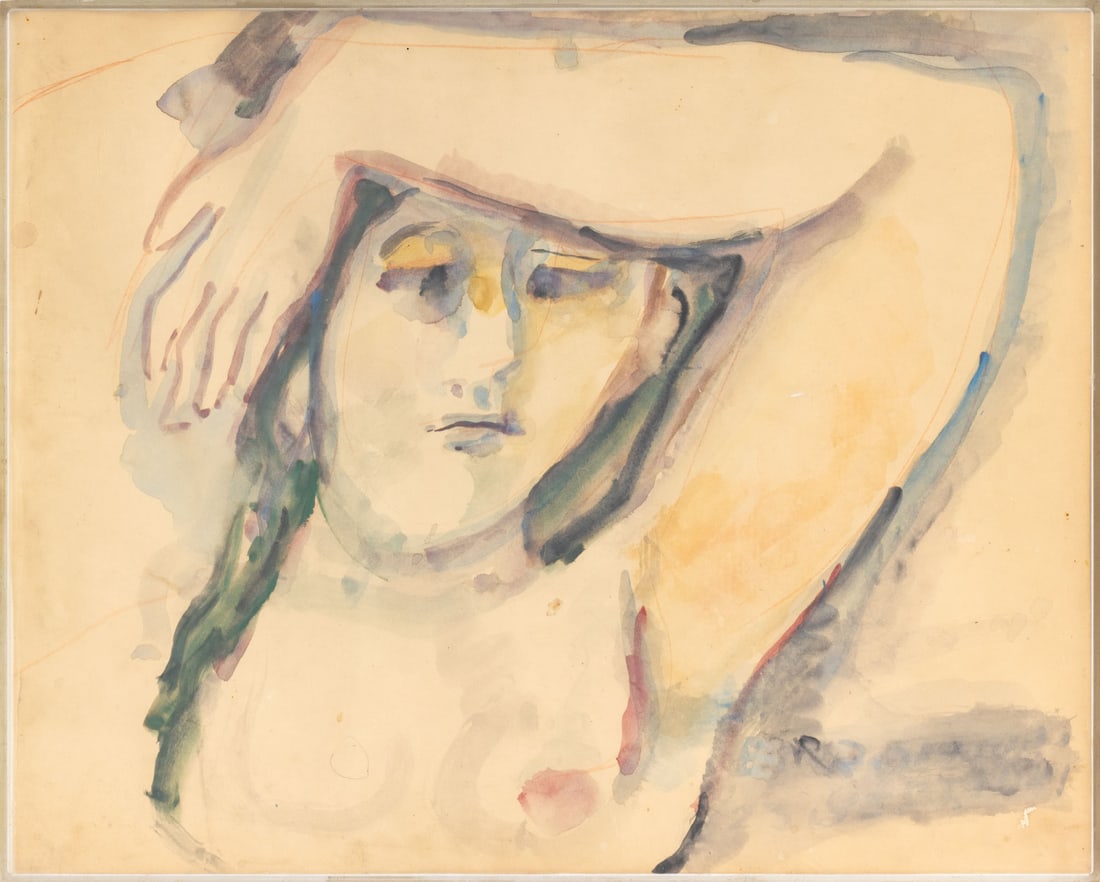 Emanuel Romano Portrait of a Woman Watercolor: Emanuel Glicenstein Romano (Italian, 1897-1984), Portrait of a Nude Woman, Watercolor on Paper, signed lower right, shadowbox frame. Image: 16" H x 20" W; frame: 16.25" H x 20.25" W x 1.5" D.