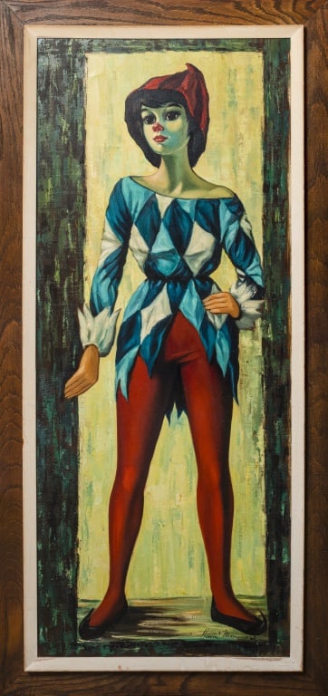 Illegibly Signed Harlequin Oil on Canvas: 20th Century School, Portrait of a Harlequin, Oil on Canvas, depicting a full-body portrait of a harlequin silhouetted in a doorway, illegibly signed "Henri Monnard (?)" lower right, wood frame.