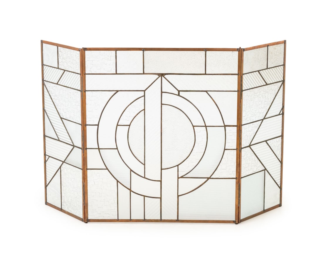 Art Deco Style Glass and Copper Firescreen: Art Deco Style Glass and Copper Fire Screen, the central panel flanked by two folding panels with textured designs. Center panel: 30.25" H x 26" W x 0.25" D; each side panel: 30.25" H x 13" W x0.25" D