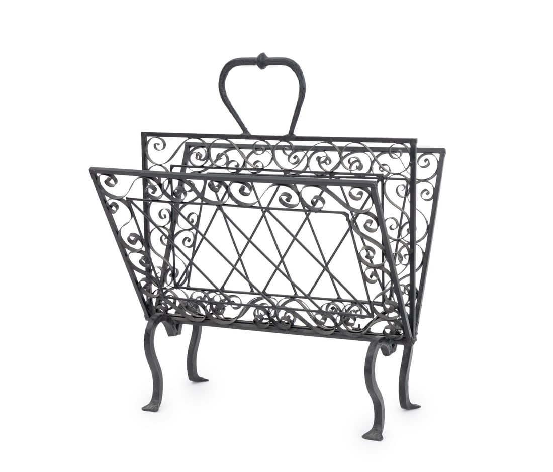 Victorian Wrought Iron Canterbury: Victorian Wrought Iron Canterbury, with scrollwork atop cabriole legs. 21" H x 17.75" W x 12" D. Provenance: From a Connecticut Estate. Keywords: Newspaper rack, Magazine holder, Metalwork, Antiques,