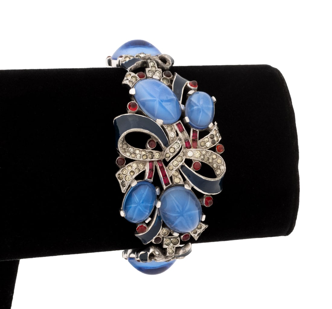 Crown Trifari Faux Star Sapphire Bracelet: Crown Trifari Faux Star Sapphire Bracelet, marked to reverse. 7" L x 1.5" W. Provenance: From a New York City Collection. Keywords: Alfred Philippe, Designer, Fashion, Vintage Jewelry, Accessories