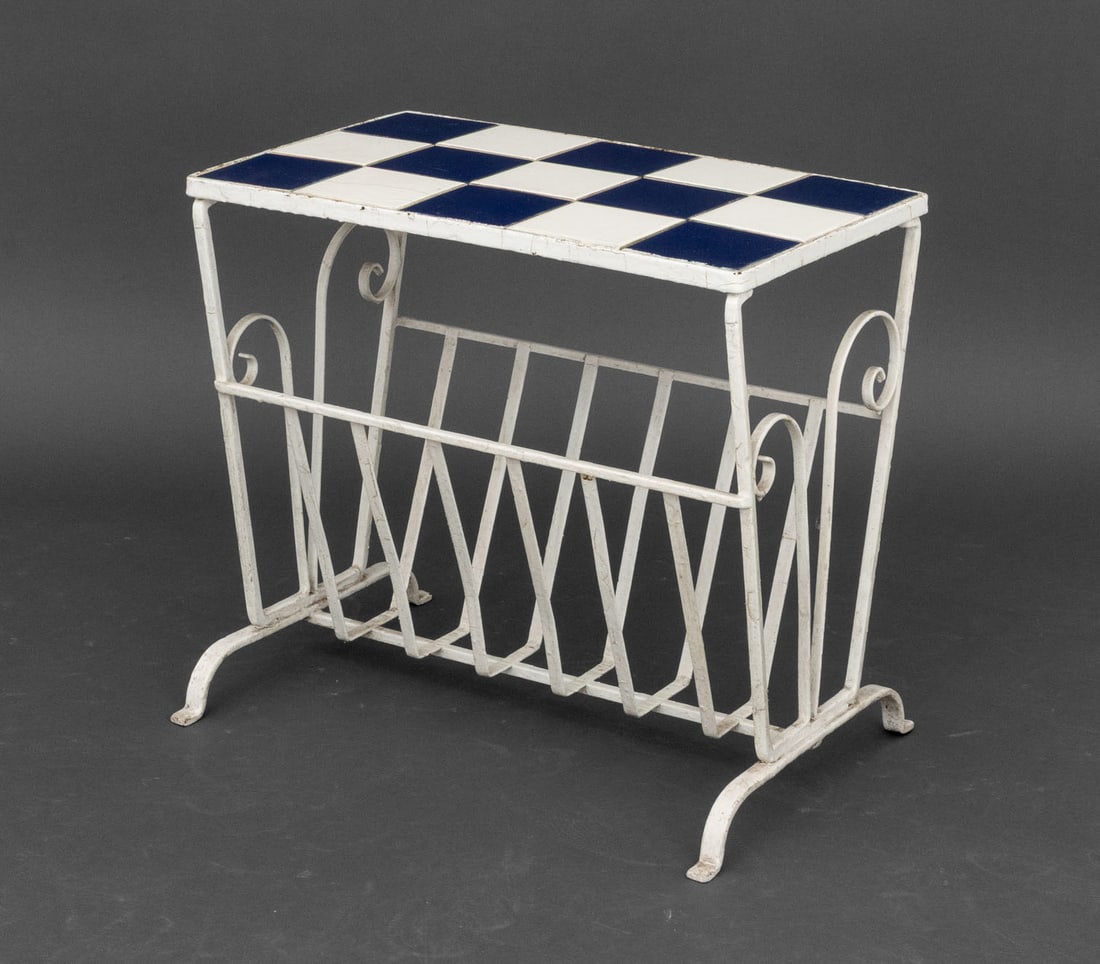 Checkered Ceramic Tile Top Wrought Iron Side Table: Checkered Ceramic Tile Top Wrought Iron Side Table, in blue and white with white painted magazine rack base. 20" H x 22" W x 13.25" D. Provenance: From a Connecticut Estate. Keywords: Vintage Furnitur