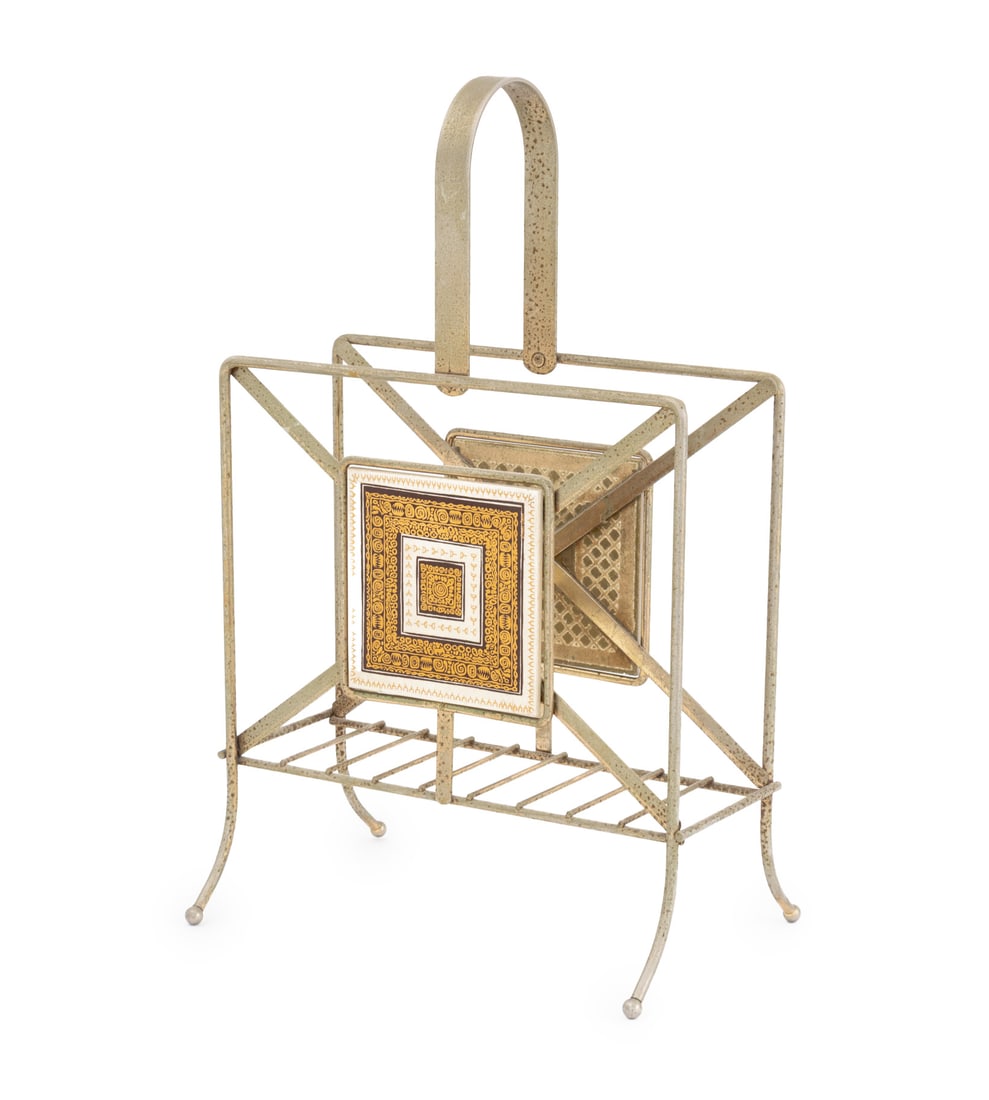 Fornasetti Style Wrought Iron Magazine Rack: Fornasetti Style Wrought Iron Magazine Holder, with articulated top handle and inset square ceramic tile design. 22.5" H x 14" W x 9.75" D. Provenance: From a Connecticut Estate. Keywords: Magazine Ra