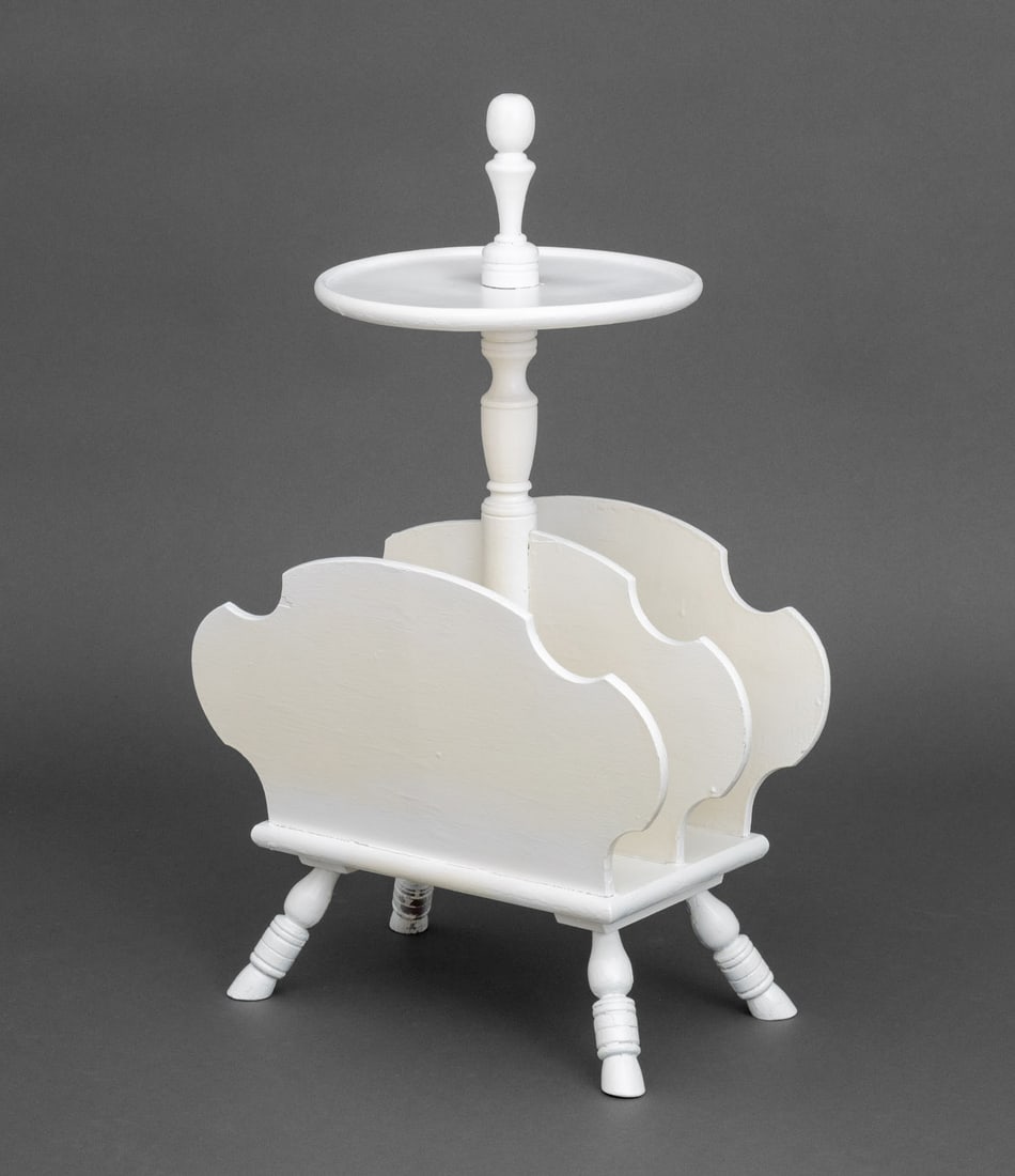 Vintage White Painted Canterbury Table: Vintage White Painted Circular Magazine Holder Table. 28.5" H x 18" W x 12" D. Provenance: From a Connecticut Estate. Keywords: Vintage Furniture, Side table, End table, Storage, Magazine rack, Furnis