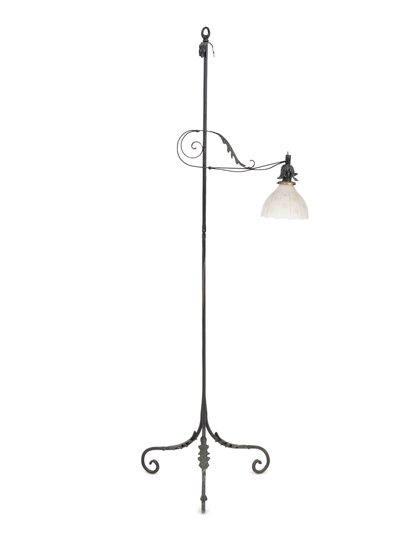 Art Deco Starburst Cut Glass Shade Floor Lamp: Art Deco Starburst Cut Glass Shade Floor Lamp, black painted metal frame terminating in three scrolled feet. 63.5" H x 19" W x 19" D. Provenance: From a Connecticut Estate. Keywords: Lighting, Standin