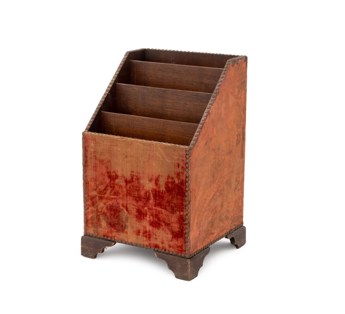 Velvet Covered Carved Wood Canterbury: Velvet Covered Carved Wood Canterbury, with brass riveted trim and three compartments on bracket feet. 17.75" H x 10.75" W x 10.25" D. Provenance: From a Connecticut Estate. Keywords: Letter rack, Des