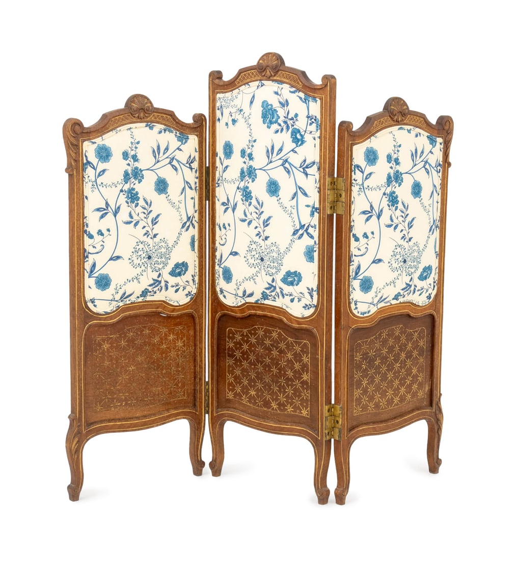Louis XVI Style Walnut Folding Table Screen: Louis XVI Style Floral Upholstered Walnut Folding Table Screen, the three panels with blue and white floral design and gilt decorated panels. 39.5" H x 38.25" W x 1" D. Provenance: From a Connecticut