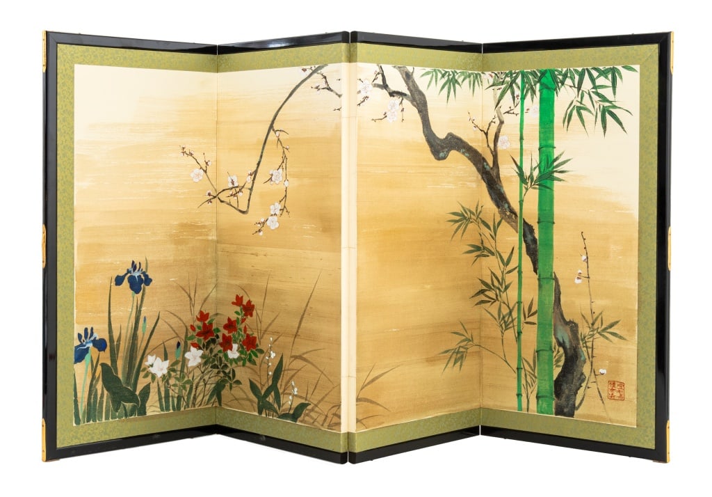Japanese Bamboo & Orchids 4-Panel Byobu Screen: Japanese Bamboo and Orchids Scene Four-Panel Byobu Screen, gouache on silk, with iron red six character mark on the lower right panel, in ebonized wood frame. 24" H x 39" W. Provenance: From a Greenwi