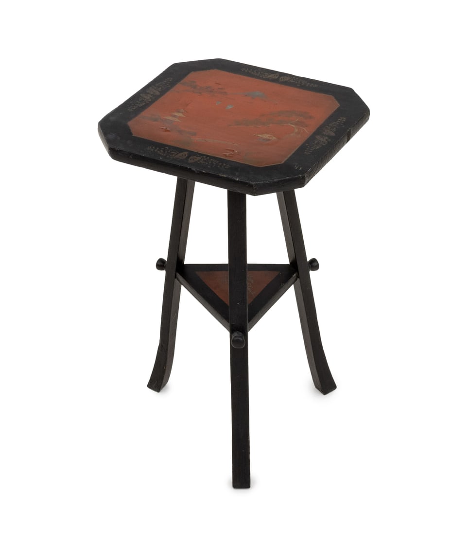 Japanese Ebonized and Paint-Decorated Tripod Table: Japanese Ebonized Wood and Paint-Decorated Tripod Table, the top hand-painted with landscape scene of Mount Fuji, the three splayed legs conjoined by an undertier. 18.5" H x 10.75" W x 10.75" D. Prove