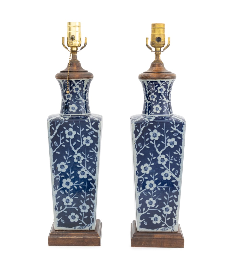 Chinese Blue & White Vases Mounted as Lamps, Pair (1 of 6)