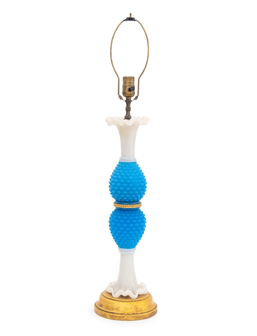 Victorian Milk and Blue Glass Hobnail Vase as Lamp: Victorian Milk and Blue Glass Hobnail Double Gourd Vase Mounted as a Table Lamp, with ruffled rim mounted on giltwood base. 31" H x 7" Diameter. Provenance: From a New York City Collection. Keywords: