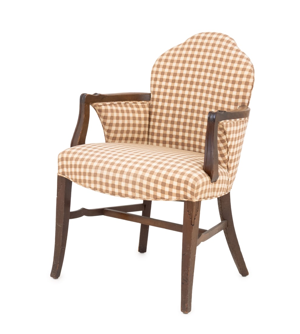 Gingham Linen Upholstered Armchair: Gingham Linen Upholstered Armchair, in beige on carved walnut legs. 33.75" H x 23" " W x 20" D; seat: 20" H. Provenance: From a Connecticut Estate. Keywords: Furniture, Seating, Arm Chair, Pattern, Fa