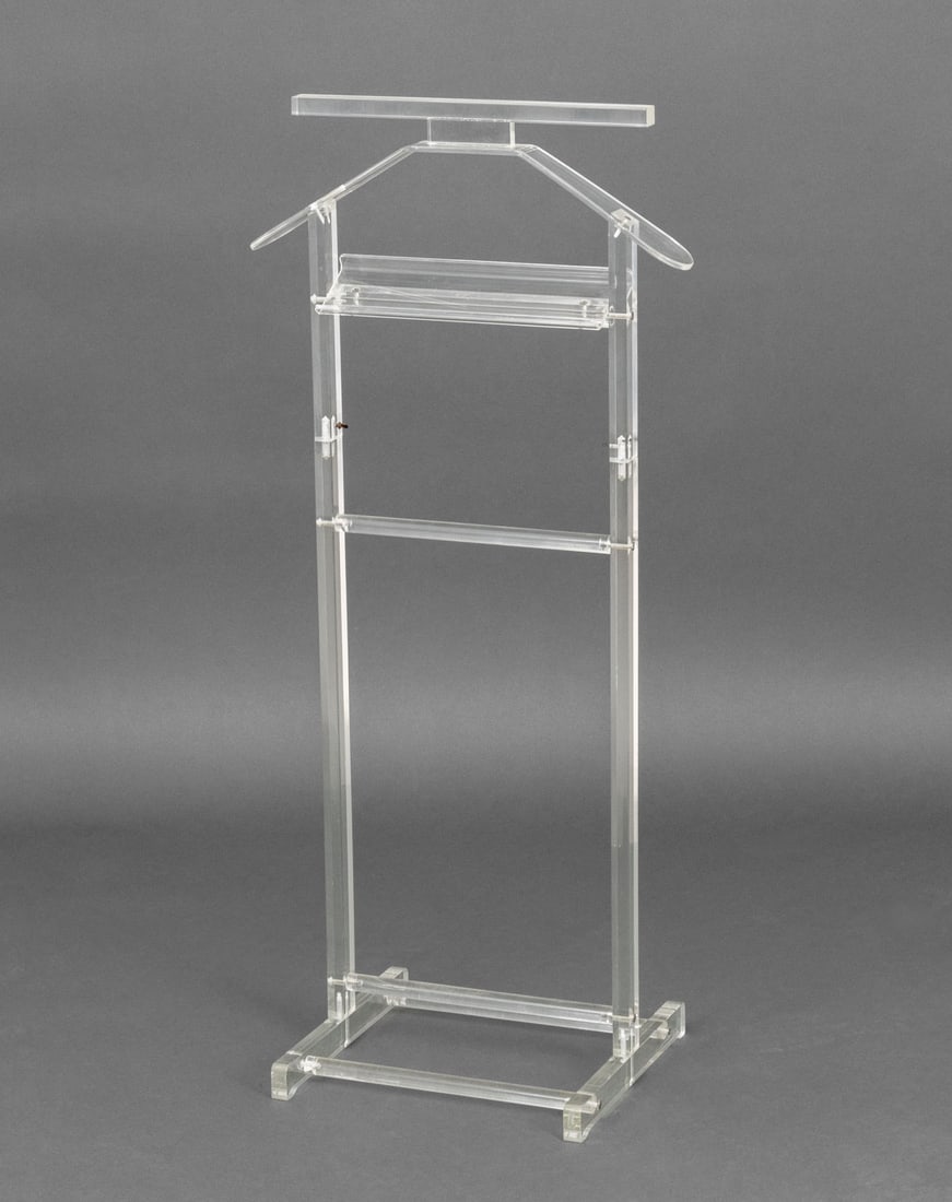 Mid-Century Modern Clear Acrylic Gentleman's Valet: Mid-Century Modern Clear Acrylic Gentleman's Valet, with removable top for conversion to a towel rack. marked "by Scheibe" to top. 40.5" H x 18.5" W x 12.5" D. Provenance: From a Connecticut Estate. K