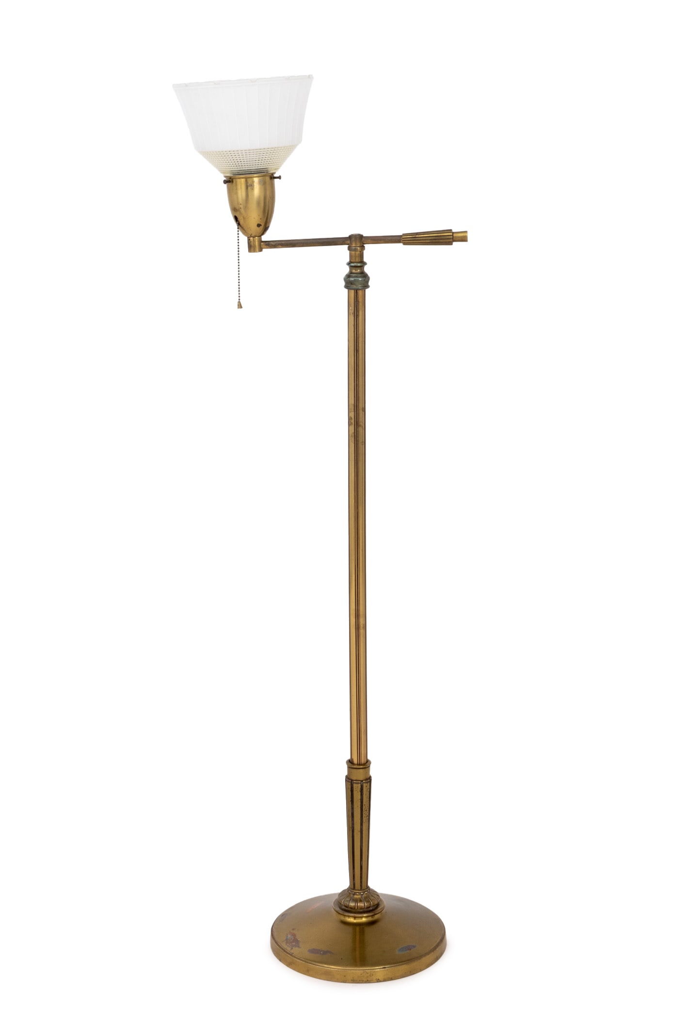 Modern Brass Articulated Floor Lamp: Modern Brass Articulated Floor Lamp, with single arm and glass shade. 52.75" H x 16" W x 11" Diameter. Provenance: From a Connecticut Estate. Keywords: Vintage, Lighting, Standing lamp, Torchiere, Tor