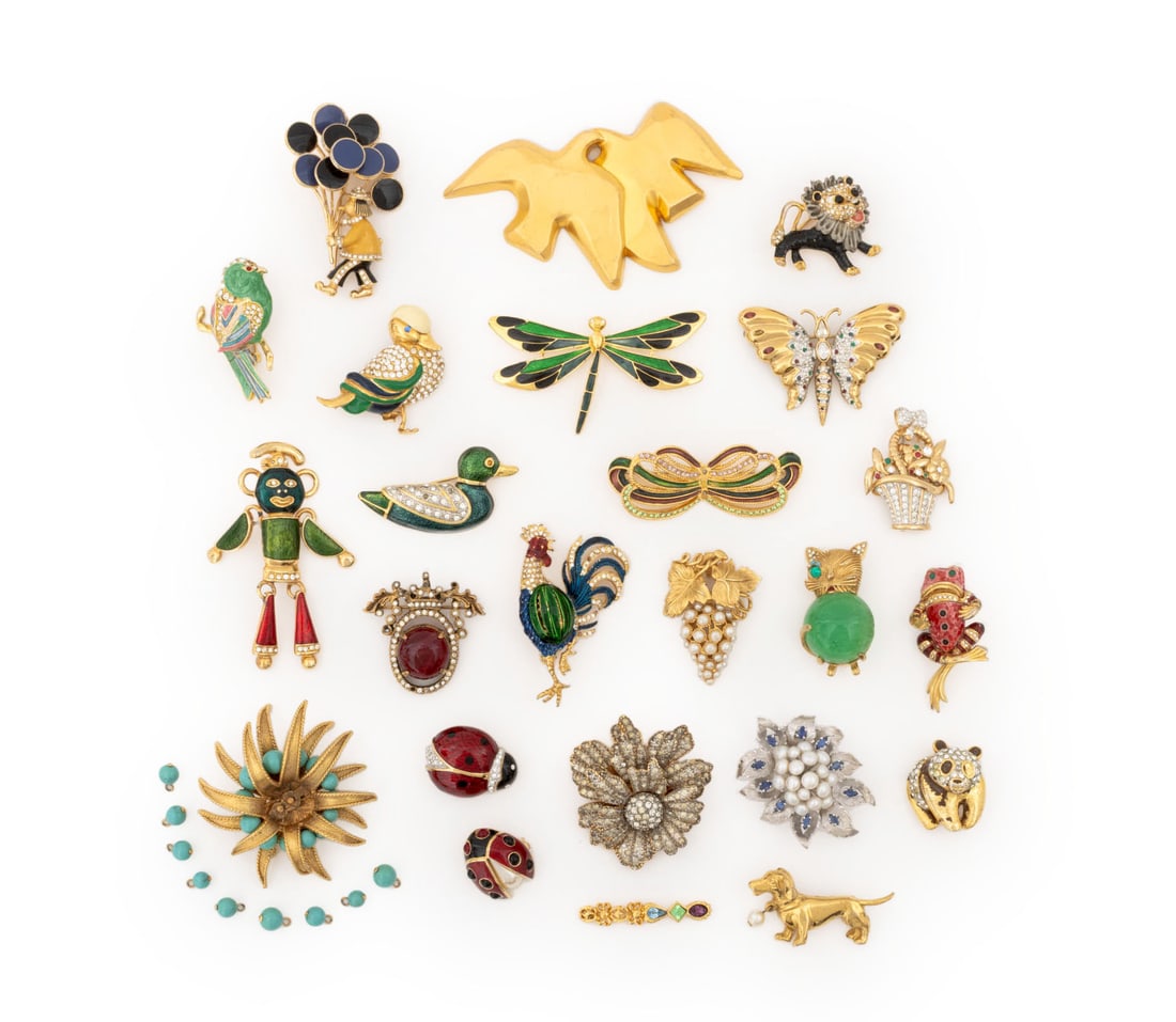 Animal, Figural, & Floral Costume Jewelry, 24 Pcs.: Collection of 24 Animal, Figural, and Floral Costume Jewelry Pieces, comprising: Nina Ricci double bird brooch, marked "L'Air du Temps", figure with balloons brooch, marked "Ciner", butterfly with